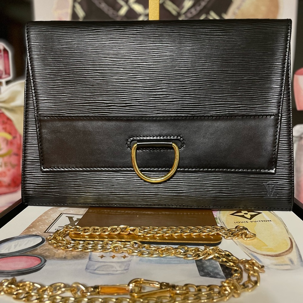 Louis Vuitton Lena Black Epi Clutch VINTAGE with box, dusty and unbranded chain